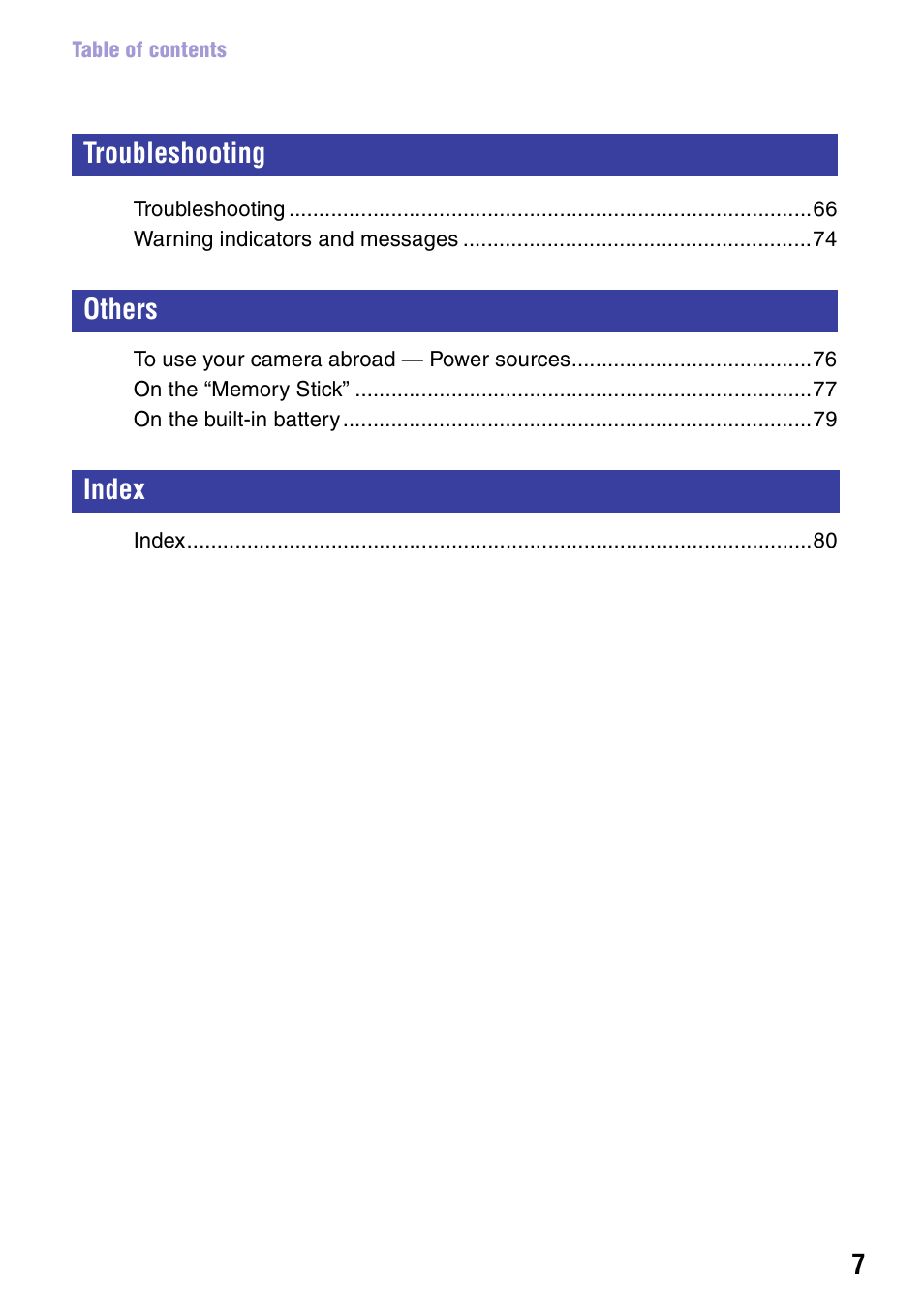 Troubleshooting others index | Sony NSC-GC1 User Manual | Page 7 / 83