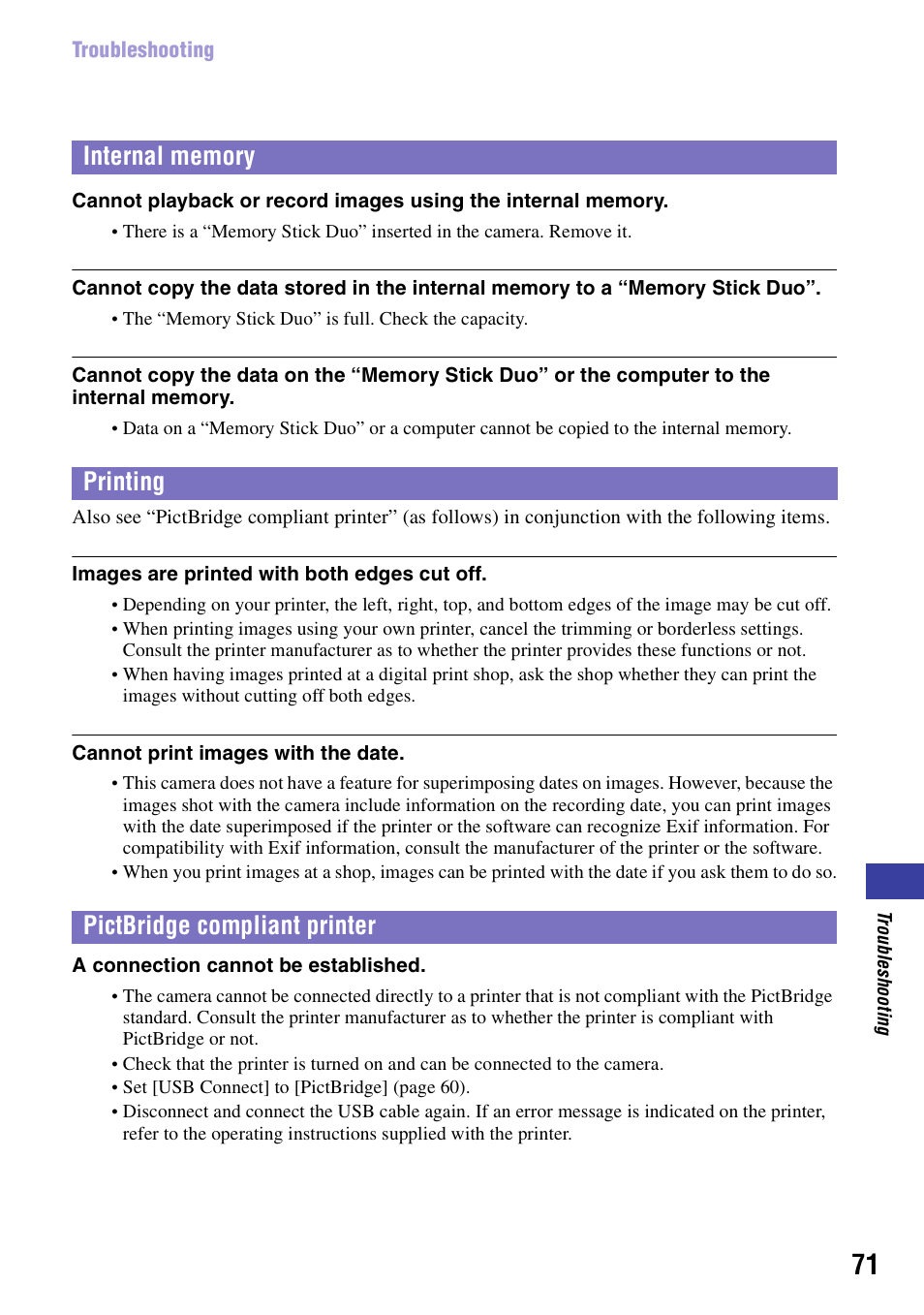 Internal memory, Printing, Pictbridge compliant printer | Sony NSC-GC1 User Manual | Page 71 / 83