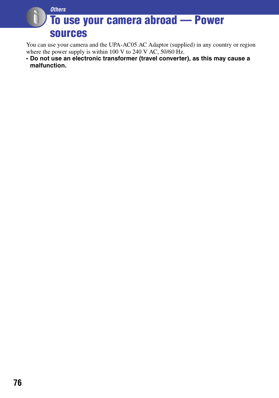 To use your camera abroad - power sources, Others, To use your camera abroad — power sources | Sony NSC-GC1 User Manual | Page 76 / 83