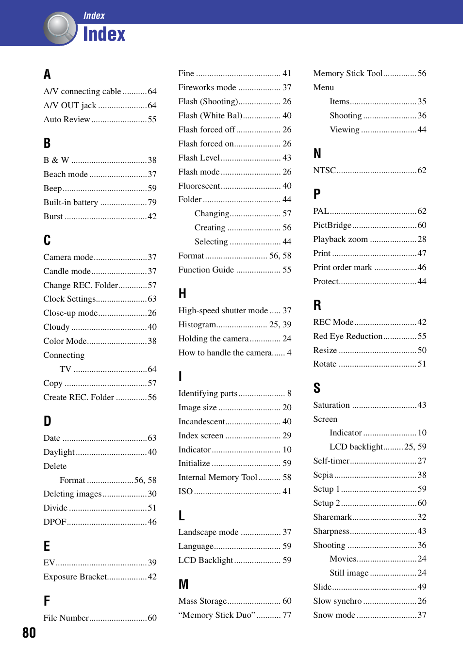 Index | Sony NSC-GC1 User Manual | Page 80 / 83