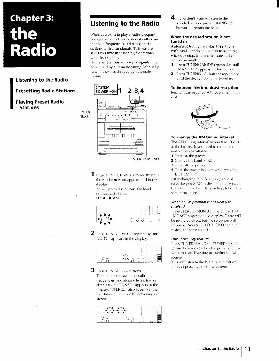 Radio, Listening to the radio, Listening to the radio presetting radio stations | Playing preset radio stations, When the desired station is not tuned in, To improve am broadcast reception, To change the am tuning interval, The radio, Chapter 3 | Sony LBT-D270 User Manual | Page 11 / 23