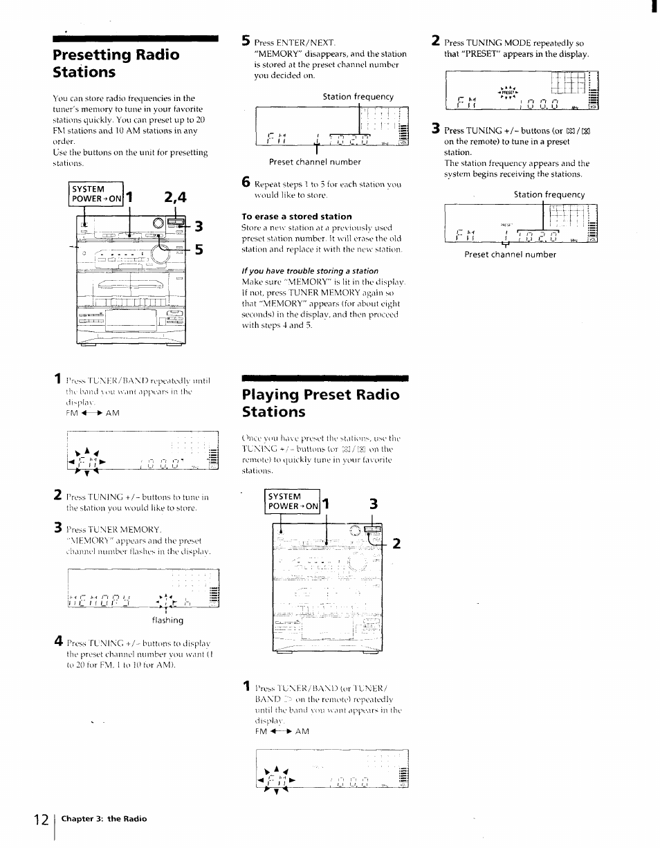 Presetting radio stations, To erase a stored station, Playing preset radio stations | Sony LBT-D270 User Manual | Page 12 / 23