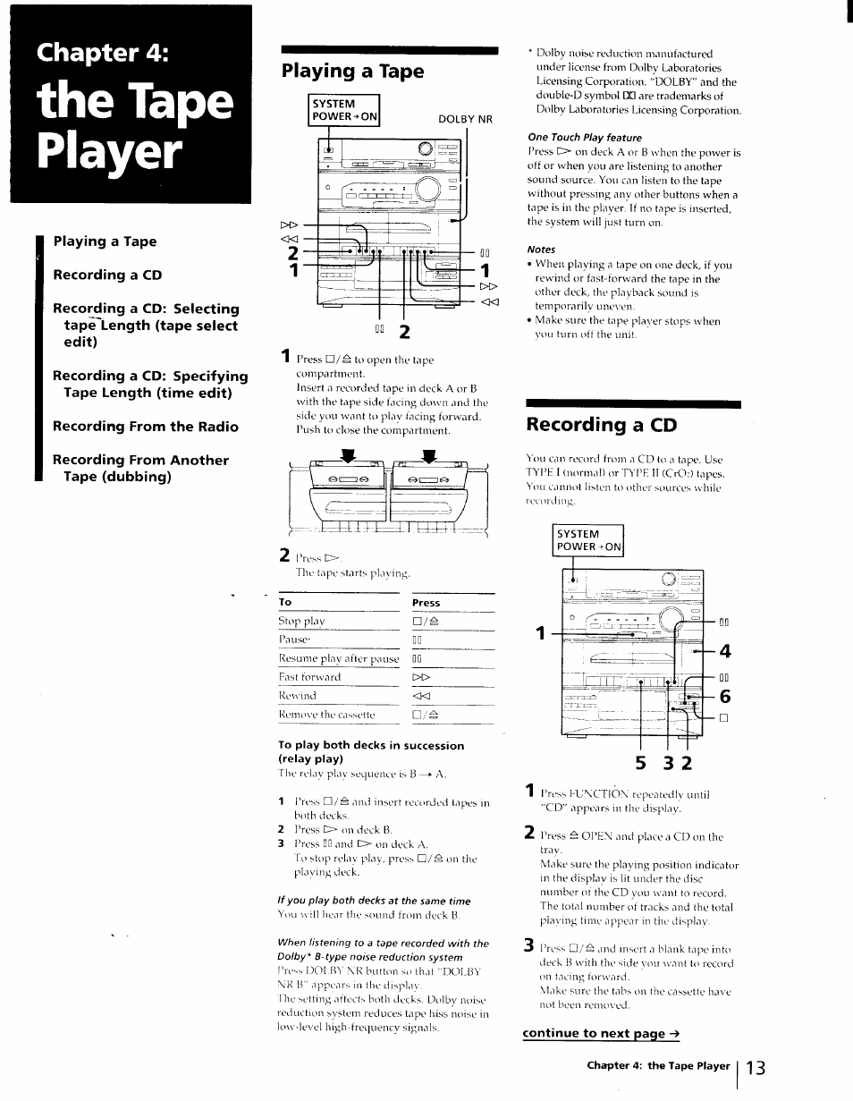 The tape player, Playing a tape, Recording a cd | Recording a cd: specifying tape length (time edit), Recording from the radio, Recording from another tape (dubbing), To play both decks in succession (relay play), Chapter 4 | Sony LBT-D270 User Manual | Page 13 / 23