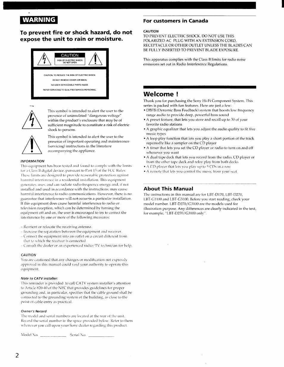 Welcome, Warning | Sony LBT-D270 User Manual | Page 2 / 23