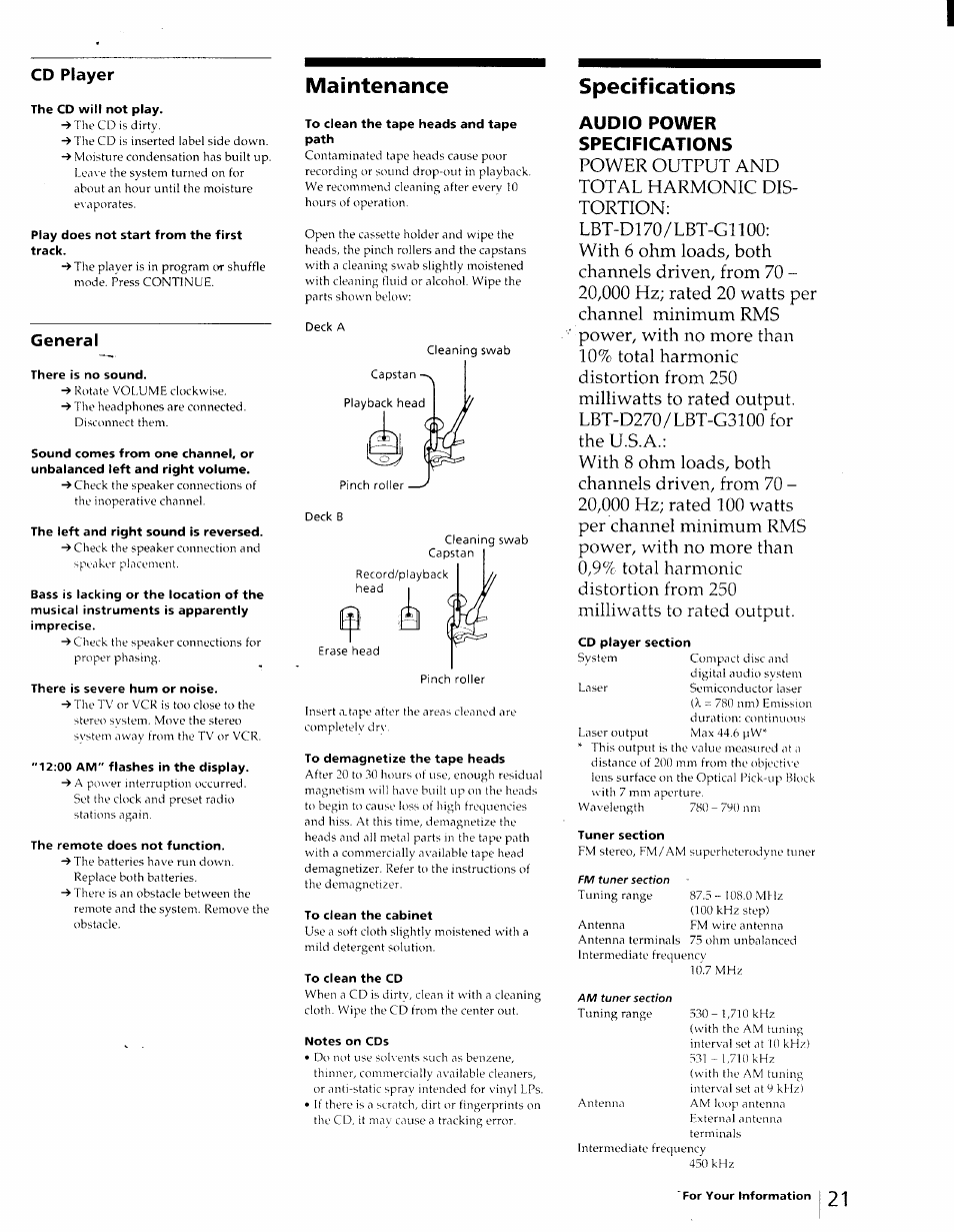 Maintenance, Specifications, Audio power specifications | Sony LBT-D270 User Manual | Page 21 / 23