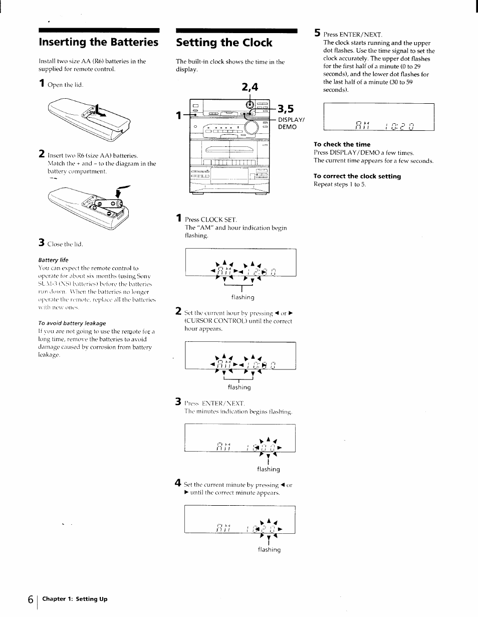 To check the time, To correct the clock setting, Inserting the batteries setting the clock | Sony LBT-D270 User Manual | Page 6 / 23