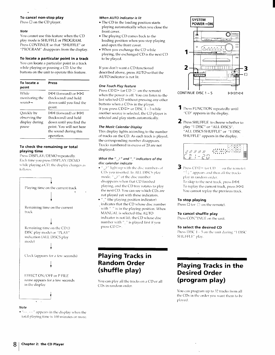To cancel non-stop play, To locate a particular point in a track, To check the remaining or total playing time | To stop playing, To cancel shuffle play, To select the desired cd, Playing tracks in random order (shuffle play), Playing tracks in the desired order (program play) | Sony LBT-D270 User Manual | Page 8 / 23