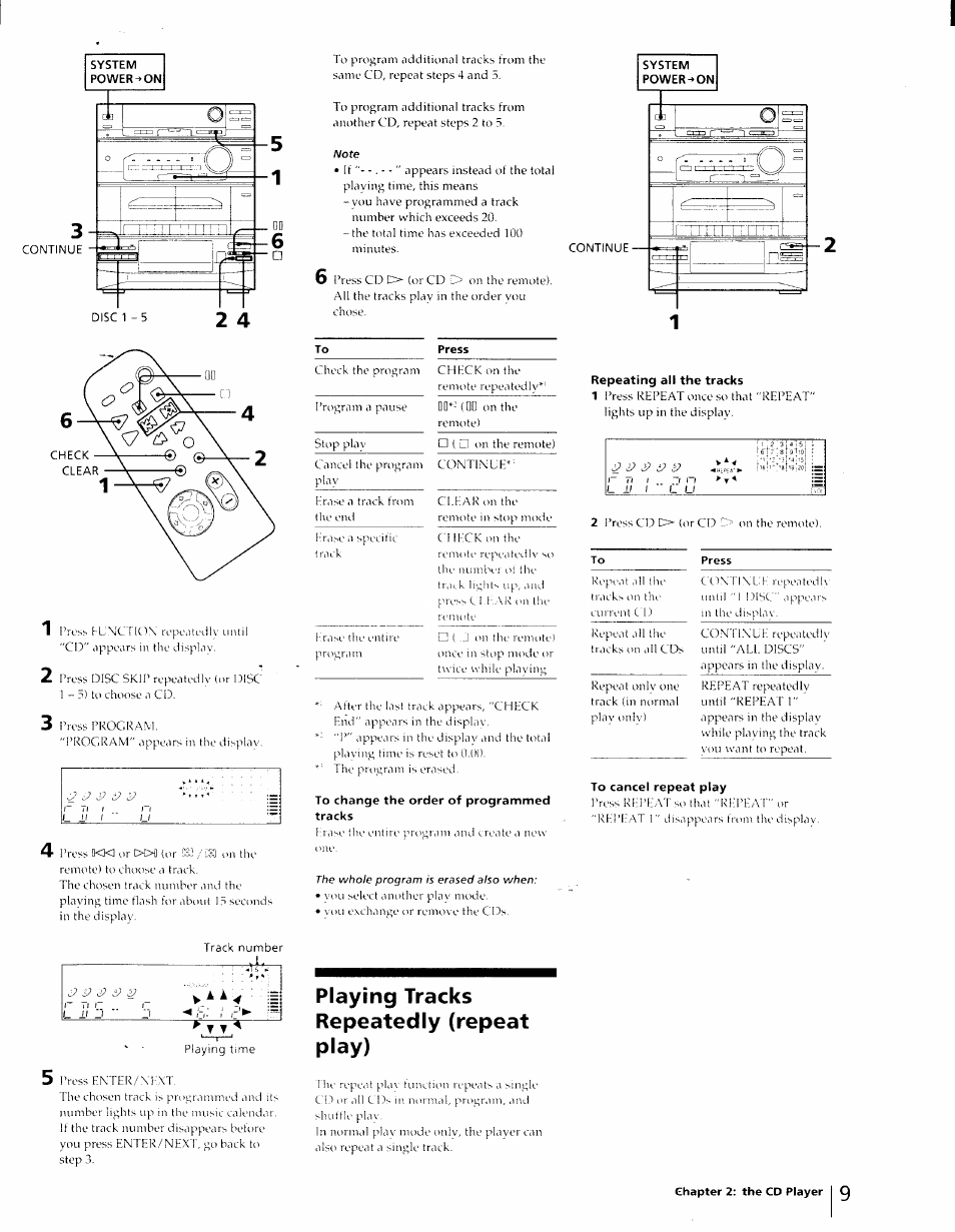 To change the order of programmed tracks, Playing tracks repeatedly (repeat play), Repeating all the tracks | To cancel repeat play | Sony LBT-D270 User Manual | Page 9 / 23