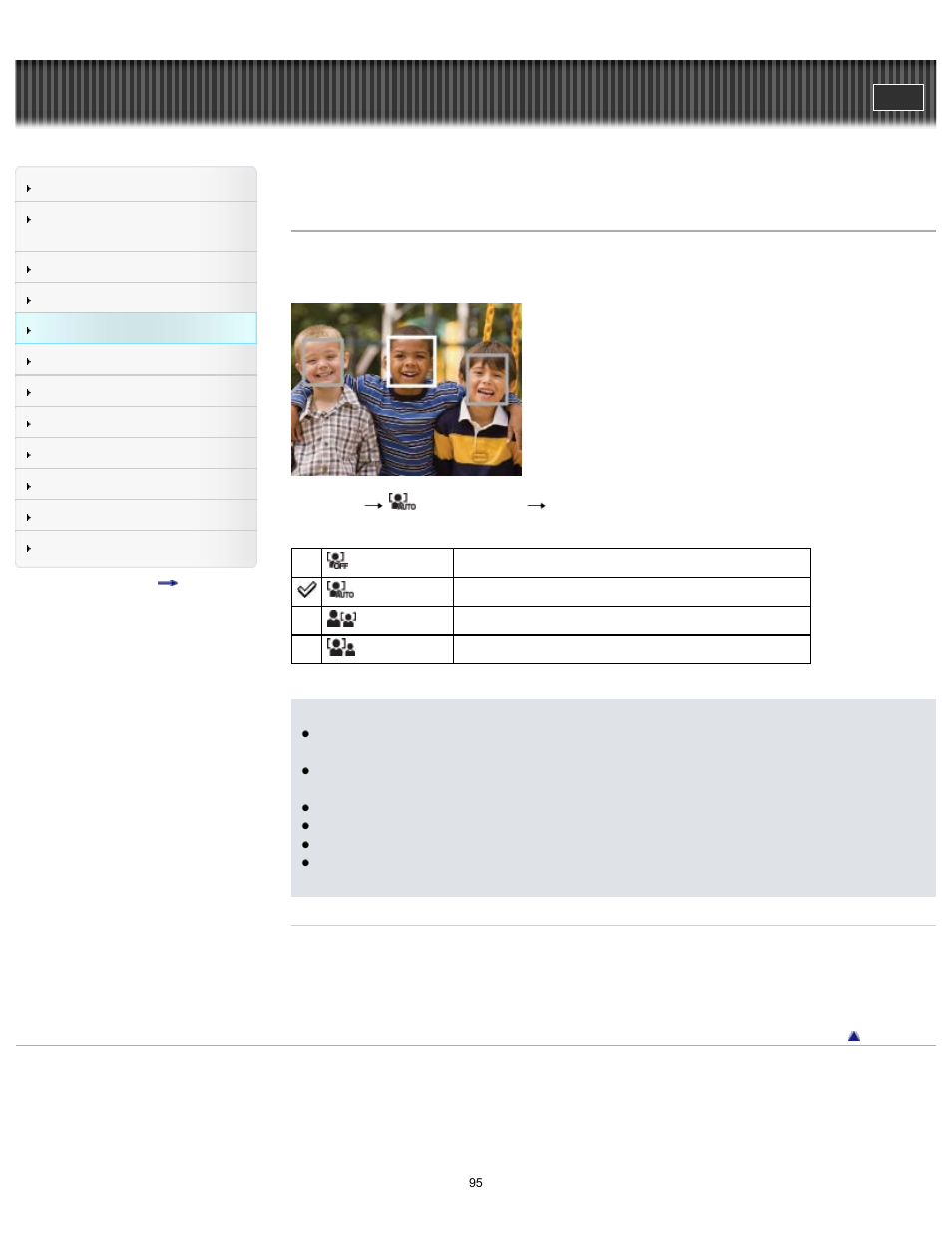 Face detection, Cyber-shot user guide | Sony DSC-H200 User Manual | Page 95 / 179