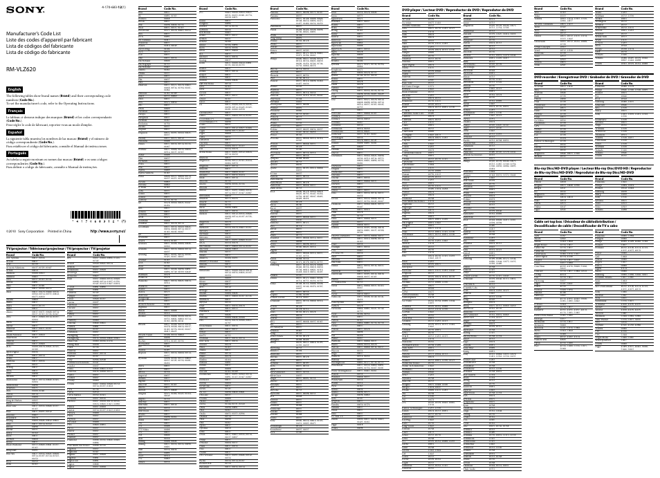 Sony RM-VLZ620 User Manual | 2 pages