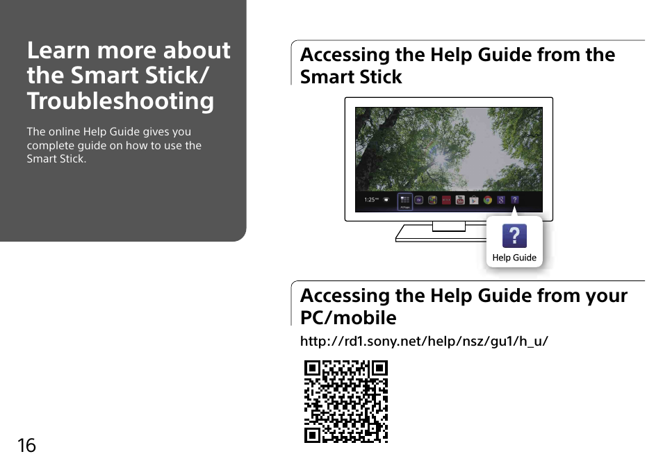 Learn more about the smart stick/ troubleshooting | Sony NSZ-GU1 User Manual | Page 16 / 20