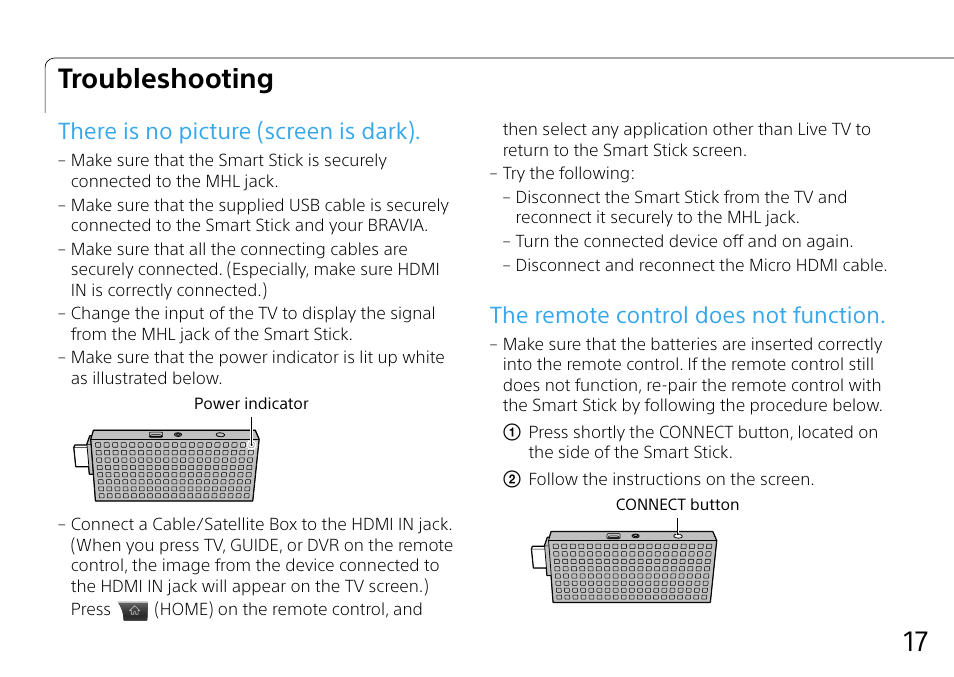 Troubleshooting, There is no picture (screen is dark), The remote control does not function | Sony NSZ-GU1 User Manual | Page 17 / 20