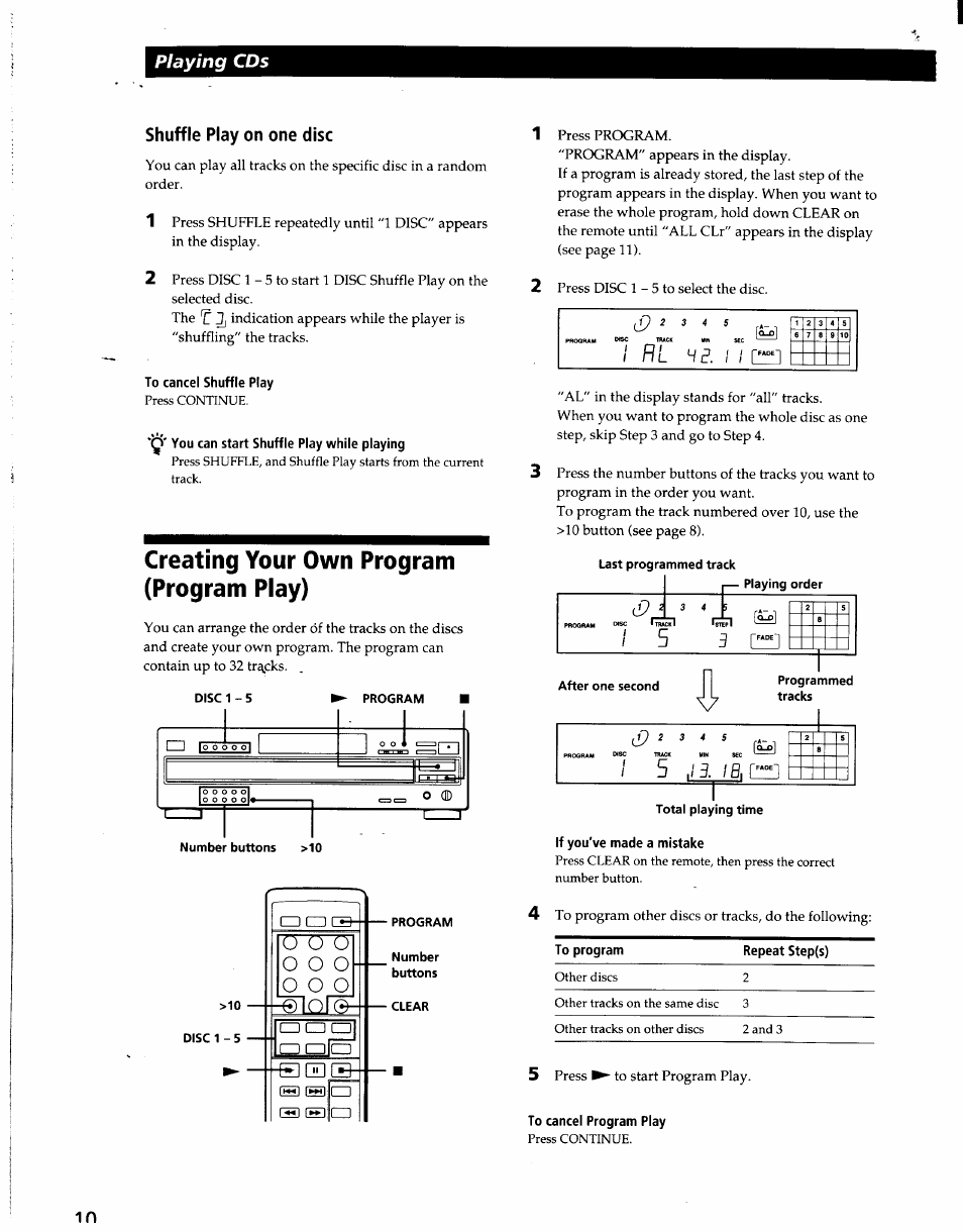 Shuffle play on one disc, To cancel shuffle play, Y' you can start shuffle play while playing | Creating your own program (program play), Program, Number, Buttons, Clear, To cancel program play, H d i i | Sony CDP-CA7ES User Manual | Page 10 / 15