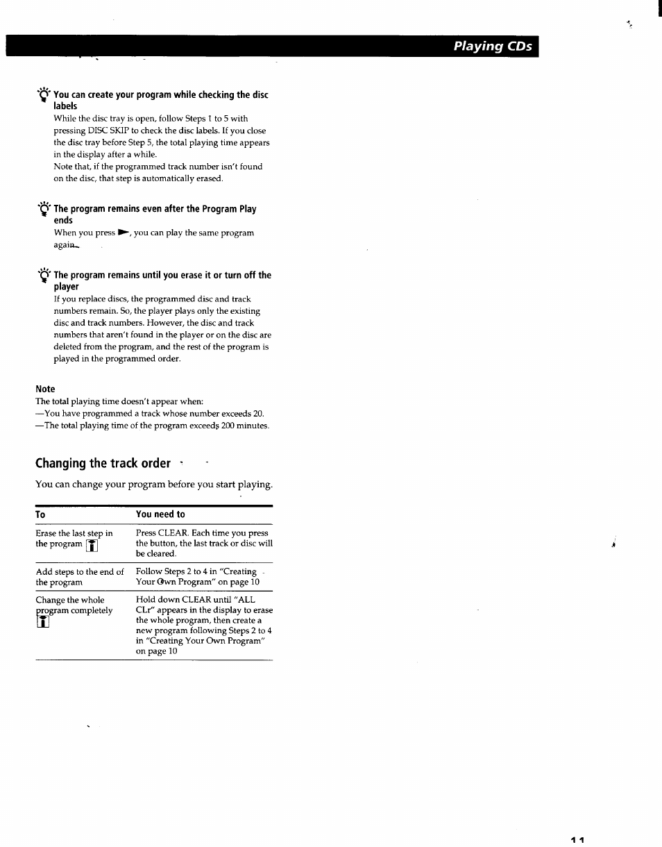 Note, Changing the track order, Playing cds | Sony CDP-CA7ES User Manual | Page 11 / 15