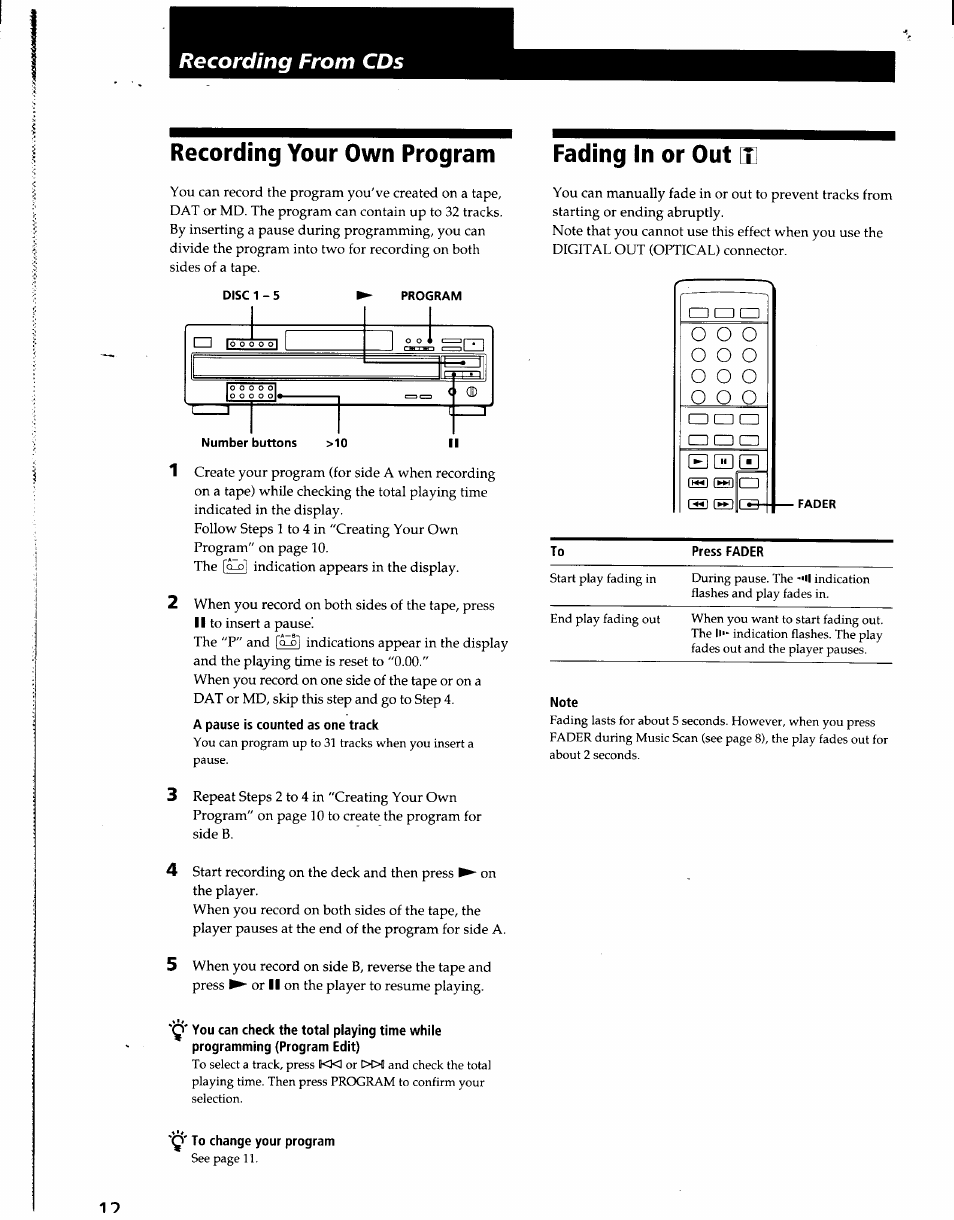 Recording your own program fading in or out [i, A pause is counted as one track, Q' to change your program | O o o | Sony CDP-CA7ES User Manual | Page 12 / 15