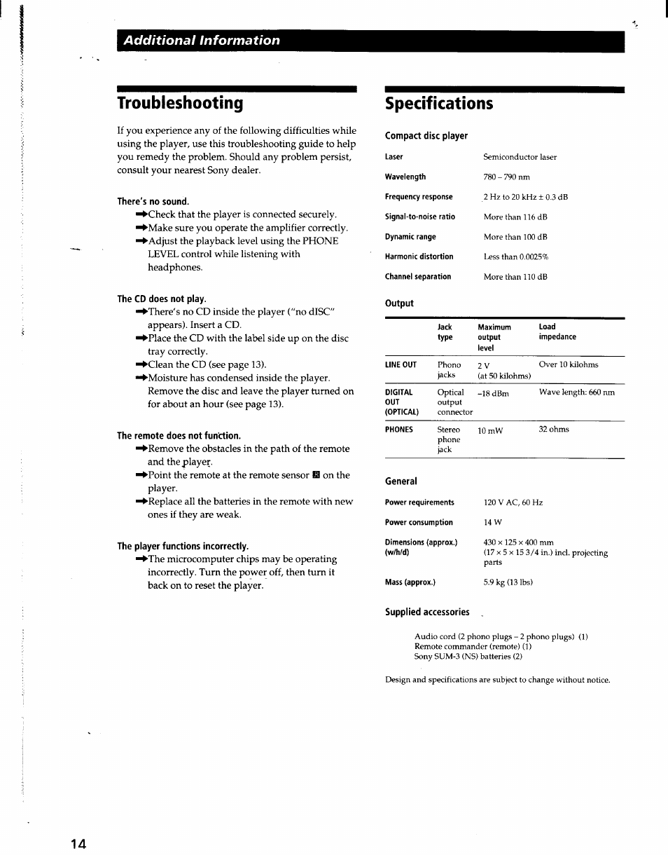 The remote does not function, The player functions incorrectly, General | Troubleshooting specifications, Additional information | Sony CDP-CA7ES User Manual | Page 14 / 15