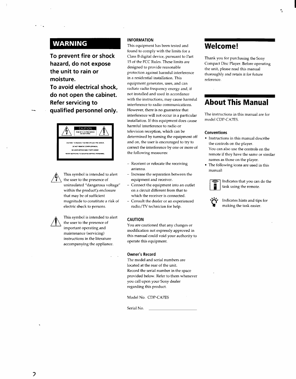 Warning, Information, Welcome | About this manual, Conventions, Caution, Owner's record | Sony CDP-CA7ES User Manual | Page 2 / 15