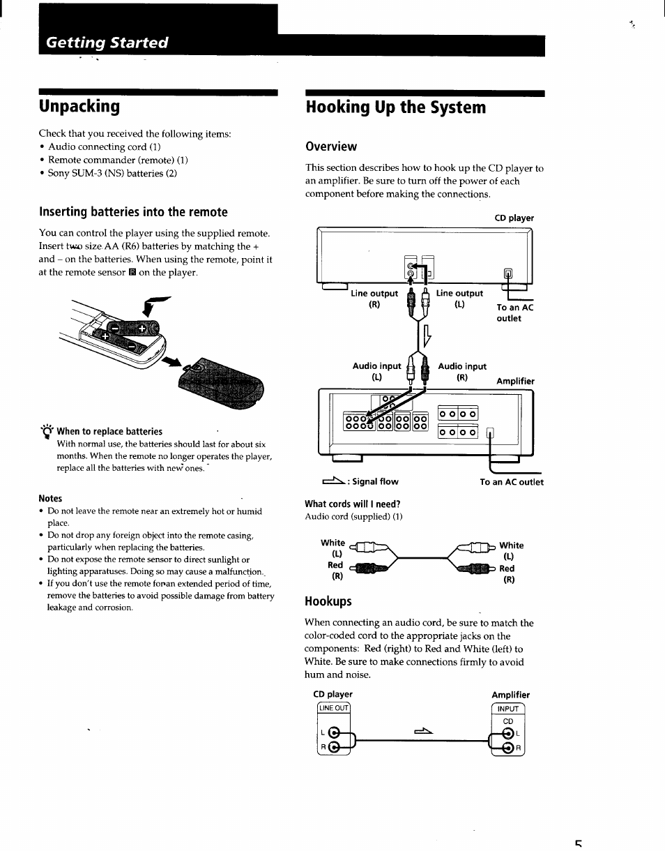 Unpacking, Inserting batteries into the remote, Q' when to replace batteries | Notes, Hooking up the system, Overview, Hookups | Sony CDP-CA7ES User Manual | Page 5 / 15
