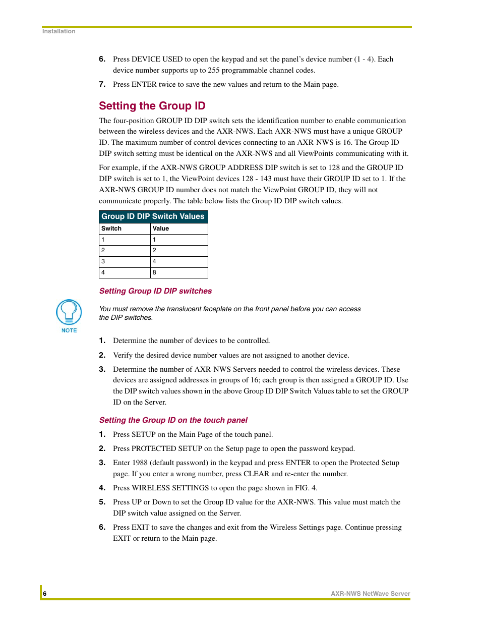 Setting the group id, Setting group id dip switches, Setting the group id on the touch panel | AMX NetWave Server AXR-NWS User Manual | Page 10 / 18