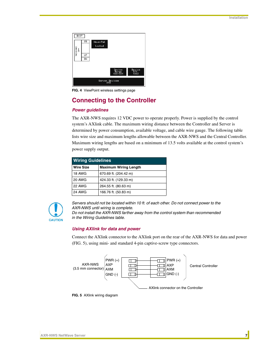 Connecting to the controller, Power guidelines, Using axlink for data and power | AMX NetWave Server AXR-NWS User Manual | Page 11 / 18