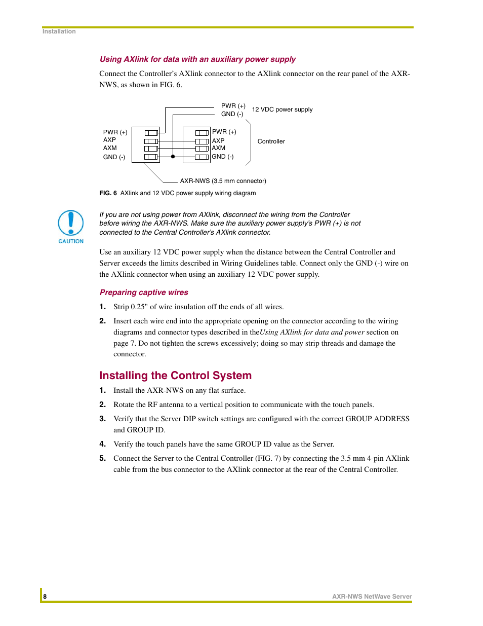 Preparing captive wires, Installing the control system | AMX NetWave Server AXR-NWS User Manual | Page 12 / 18