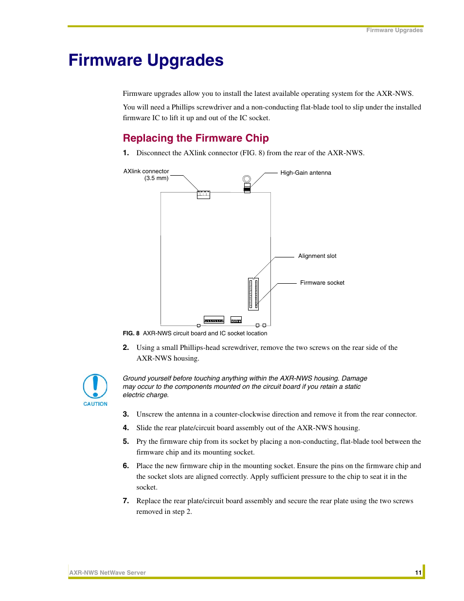 Firmware upgrades, Replacing the firmware chip | AMX NetWave Server AXR-NWS User Manual | Page 15 / 18