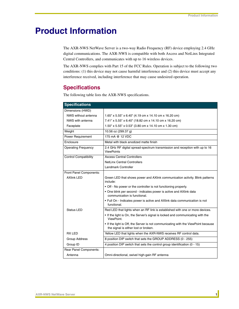 Product information, Specifications | AMX NetWave Server AXR-NWS User Manual | Page 5 / 18