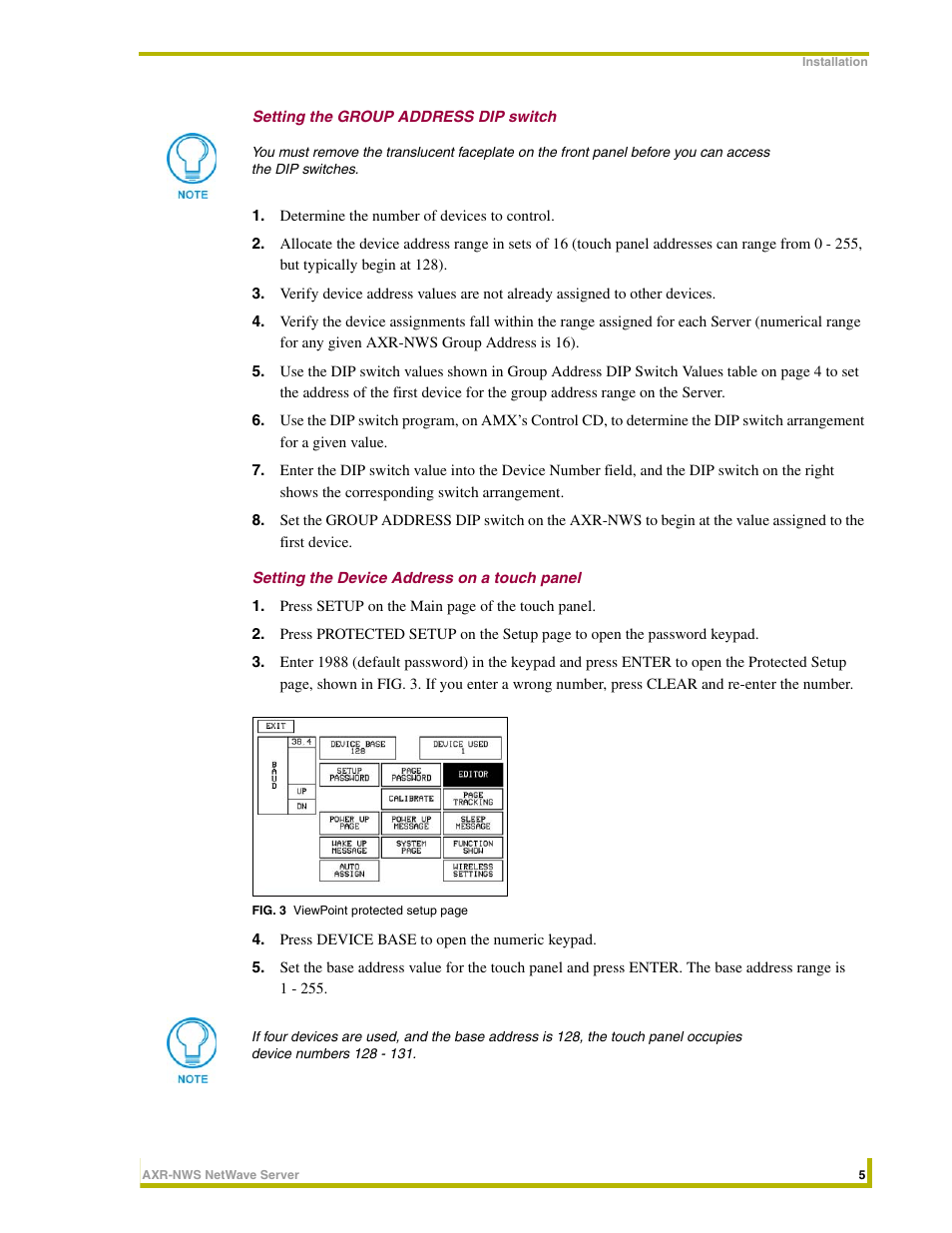 Setting the group address dip switch, Setting the device address on a touch panel | AMX NetWave Server AXR-NWS User Manual | Page 9 / 18