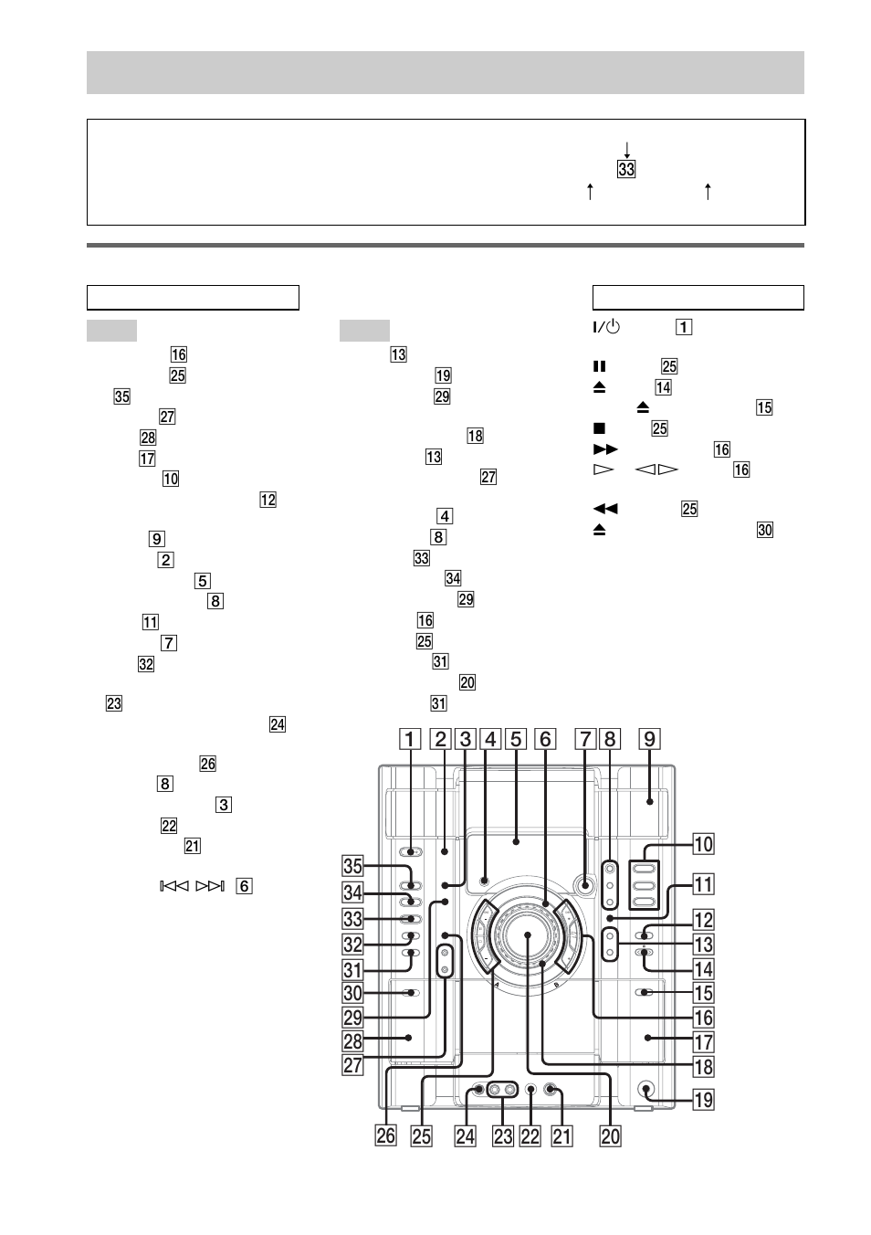 List of button locations and reference, List of button locations and reference pages, Main unit | How to use this page | Sony HCD-GX750 User Manual | Page 44 / 48