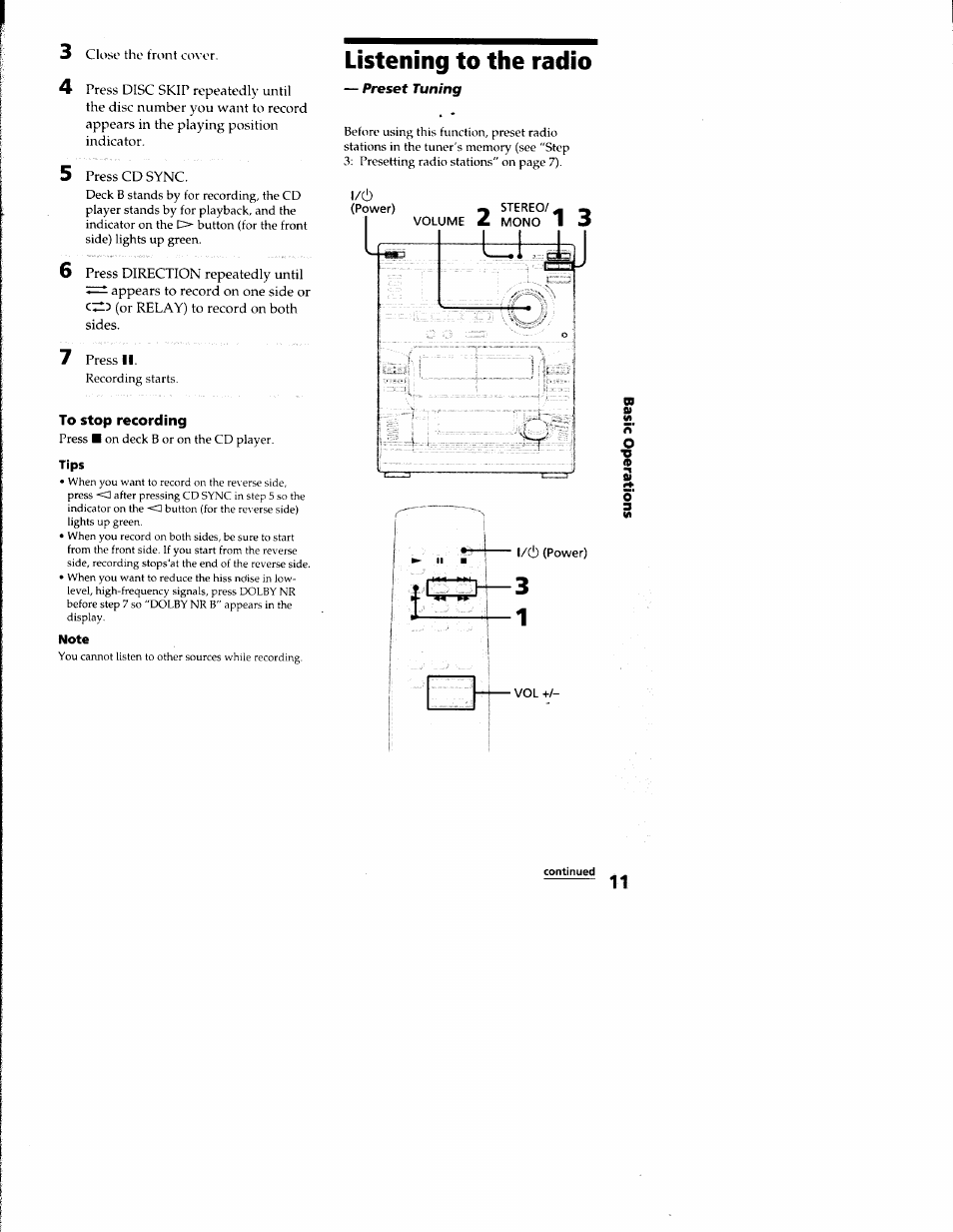 To stop recording, Listening to the radio | Sony LBT-S3000 User Manual | Page 11 / 36