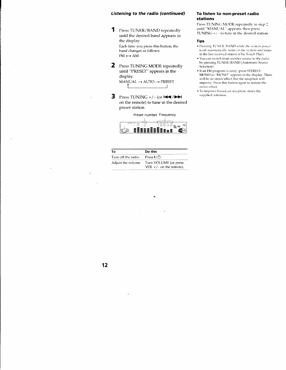 To listen to non-preset radio stations, Tips | Sony LBT-S3000 User Manual | Page 12 / 36