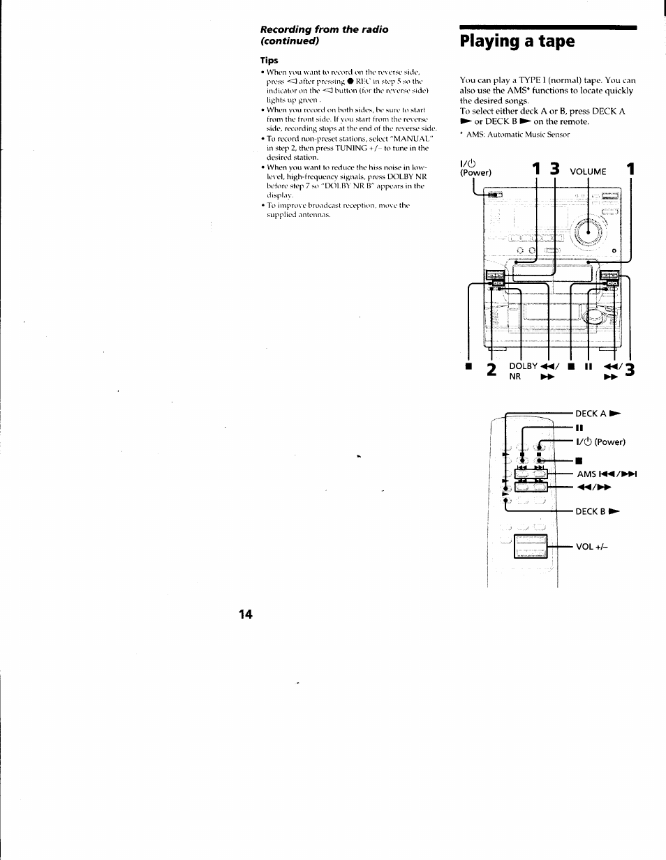 Tips, Playing a tape, Deck a ► ii | L/cl) (power), Ams m^/l deck b i vol | Sony LBT-S3000 User Manual | Page 14 / 36