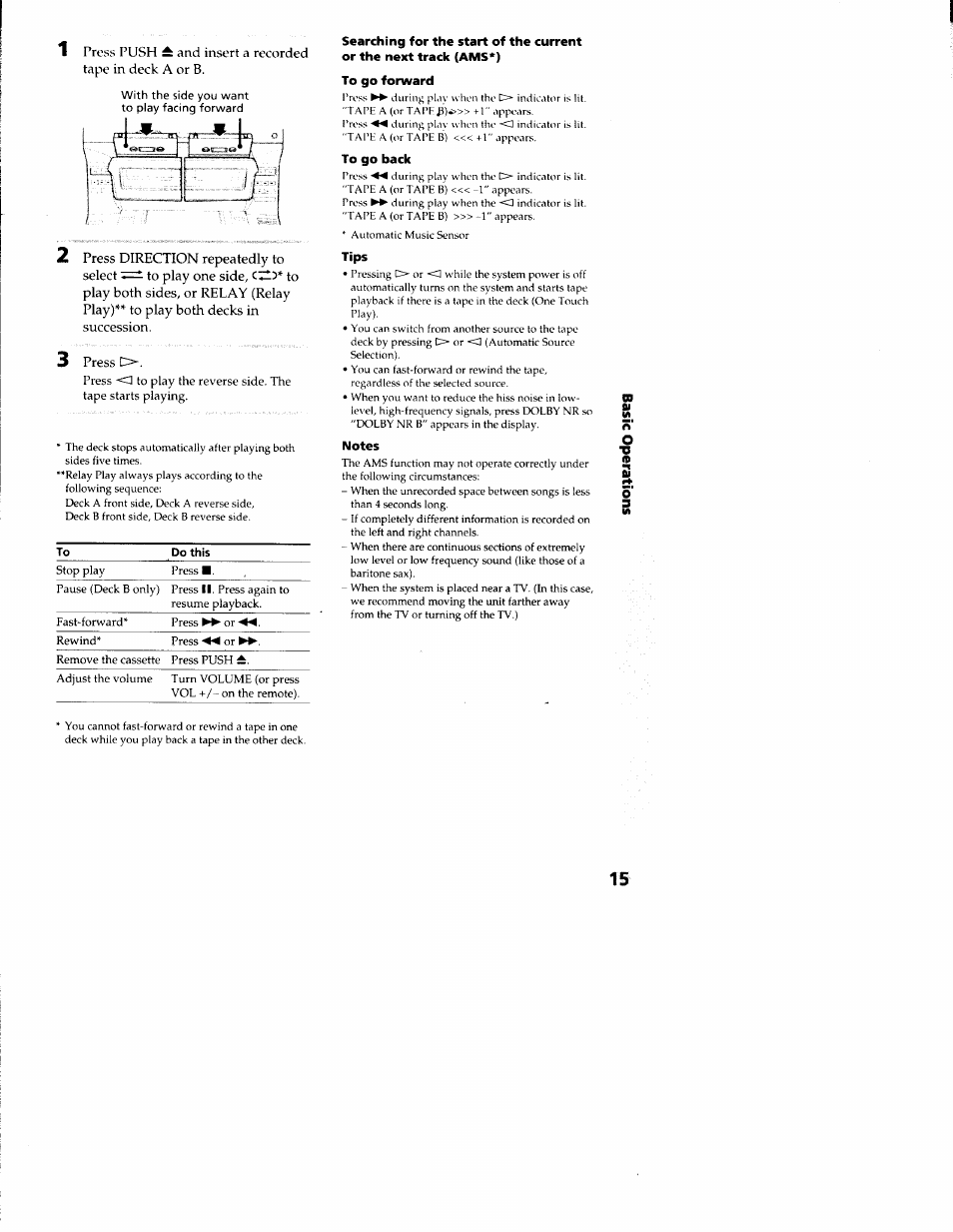 To go forward, To go back, Tips | Notes | Sony LBT-S3000 User Manual | Page 15 / 36