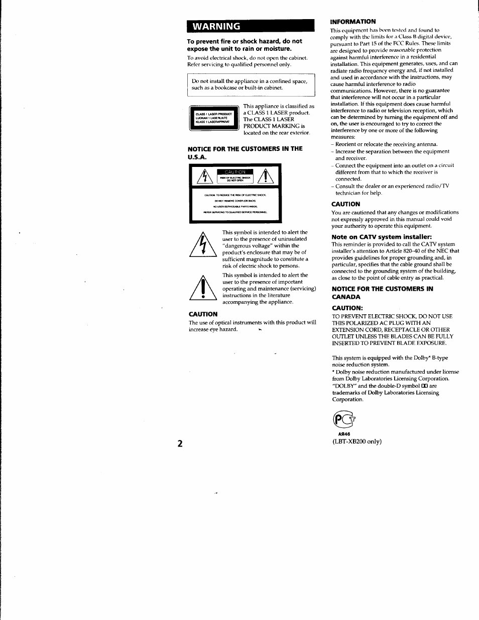 Warning | Sony LBT-S3000 User Manual | Page 2 / 36