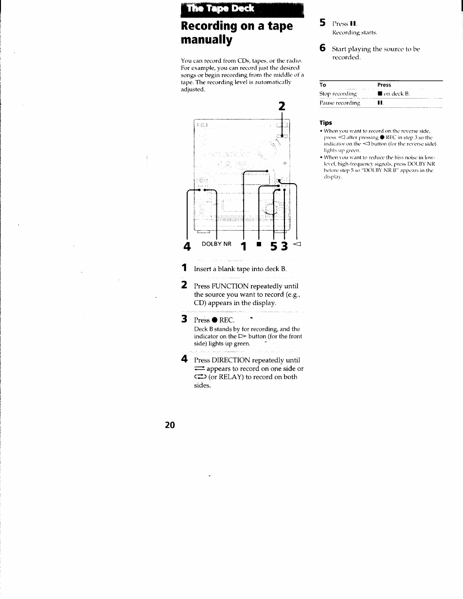 Recording on a tape manually, Press, Tips | Sony LBT-S3000 User Manual | Page 20 / 36