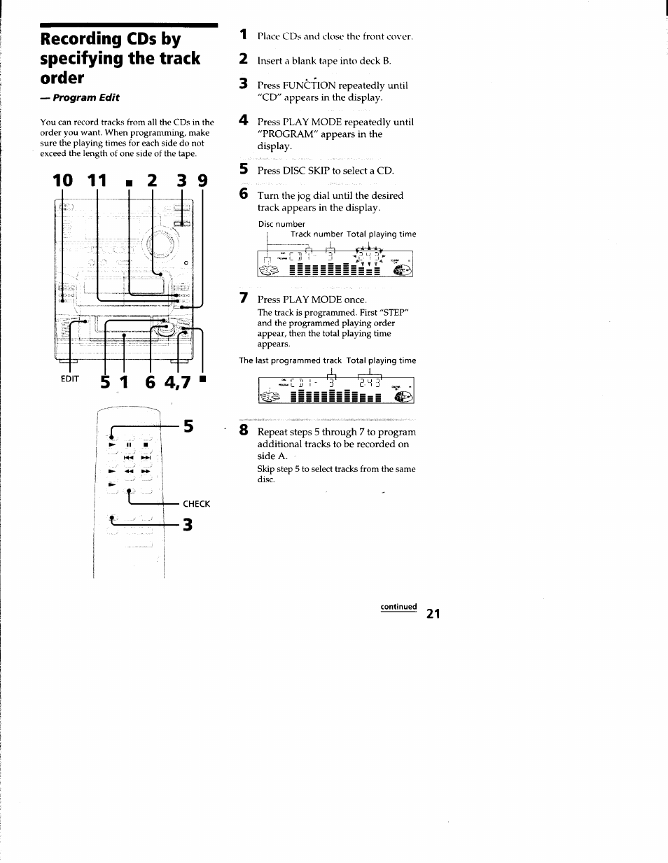 Recording cds by specifying the track order, Recording cds by specifying the track, Order | Sony LBT-S3000 User Manual | Page 21 / 36