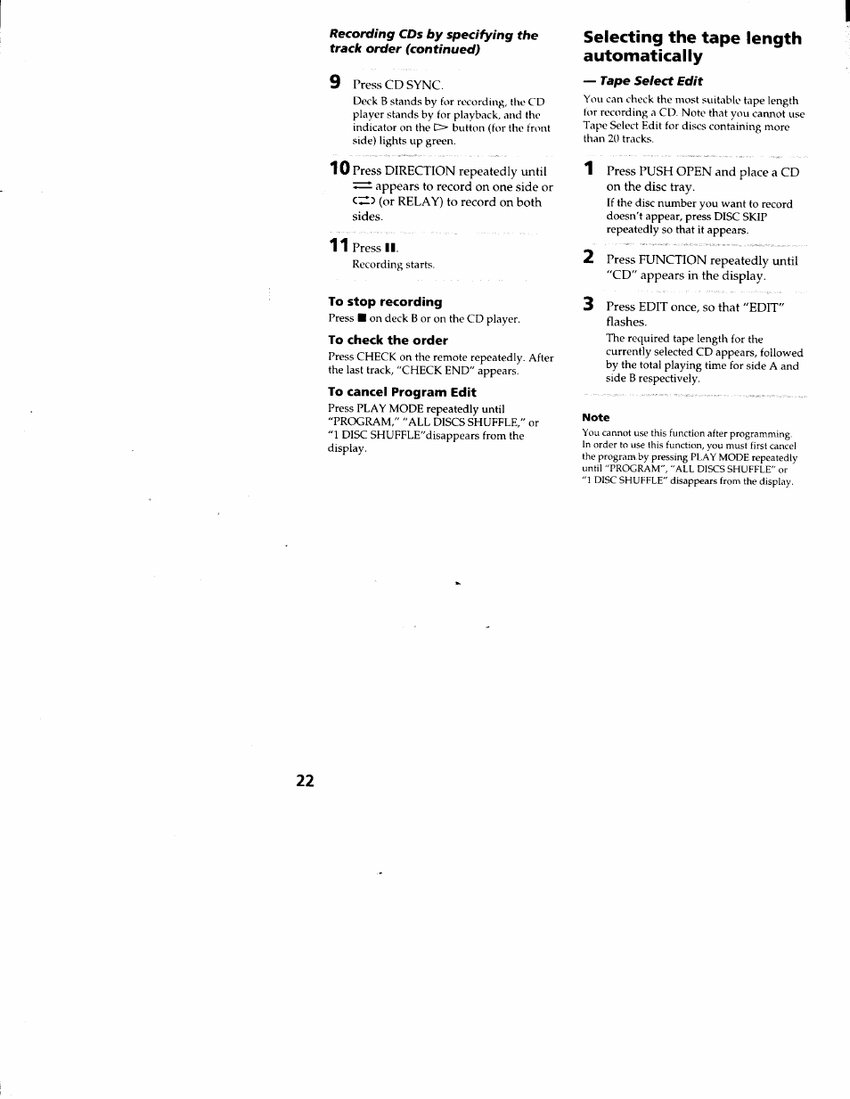 To stop recording, To check the order, To cancel program edit | Note, Selecting the tape length automatically | Sony LBT-S3000 User Manual | Page 22 / 36