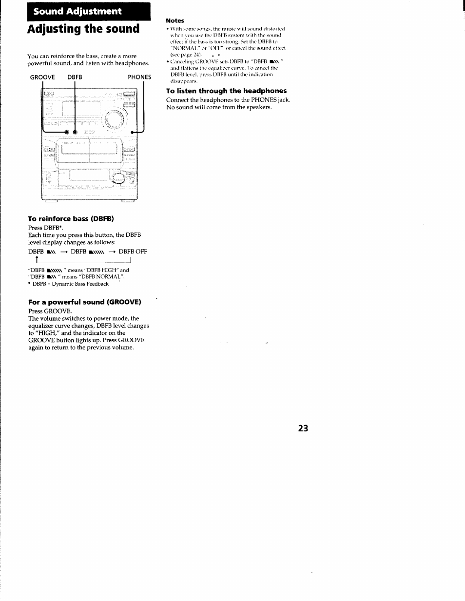 Adjusting the sound, To listen through the headphones, To reinforce bass (dbfb) | For a powerful sound (groove), Sound adjustment adjusting the sound, T____________________i | Sony LBT-S3000 User Manual | Page 23 / 36