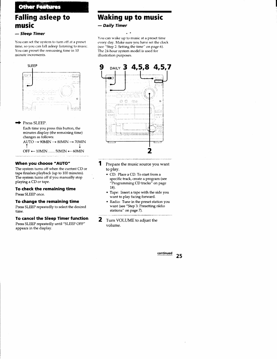 Falling asleep to music, Waking up to music, When you choose "auto | To check the remaining time, To change the remaining time, To cancei the sieep timer function | Sony LBT-S3000 User Manual | Page 25 / 36