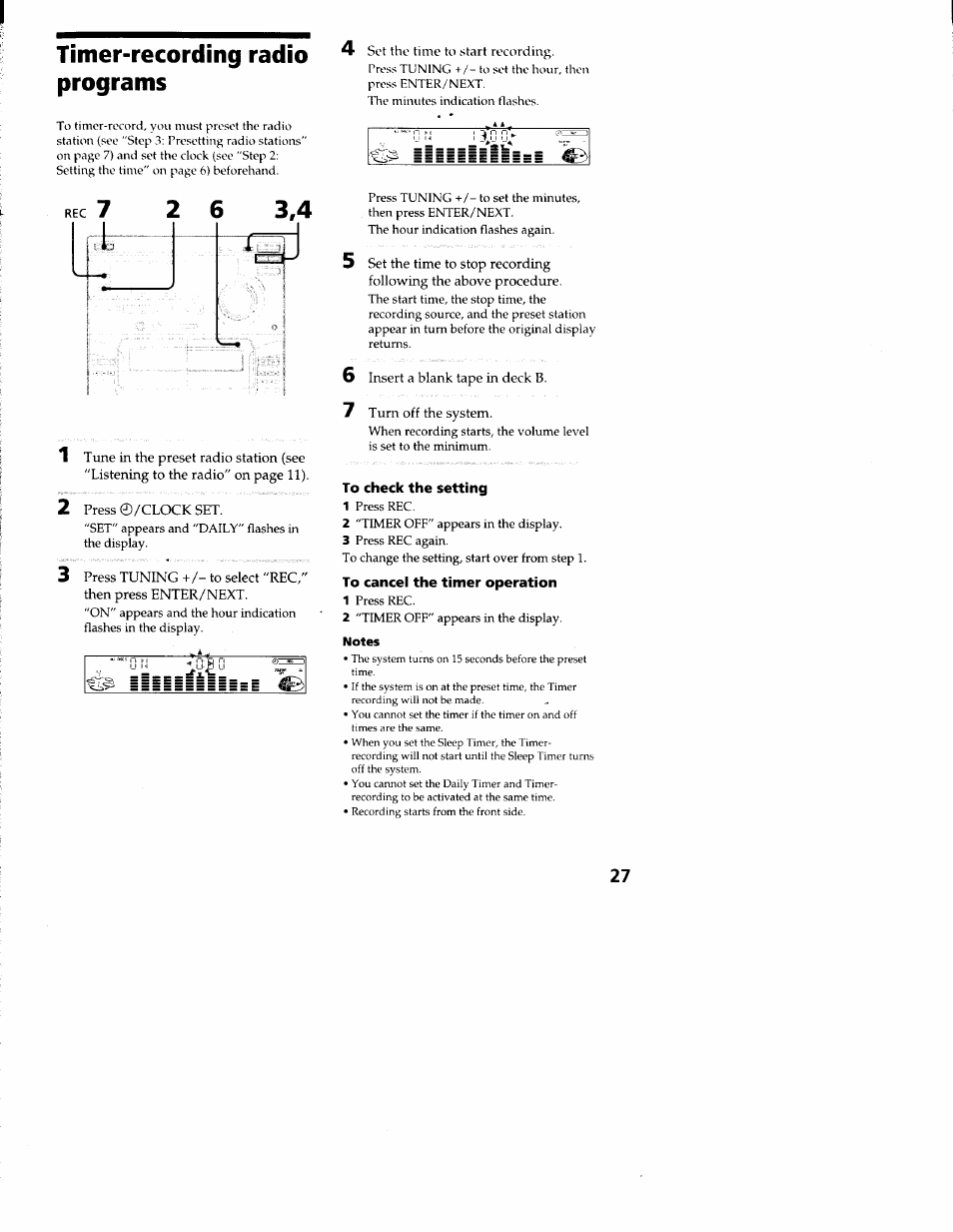 Timer-recording radio programs, To check the setting, To cancel the timer operation | Sony LBT-S3000 User Manual | Page 27 / 36