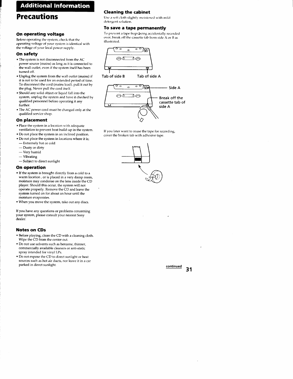 Precautions, On operating voltage, On safety | On placement, On operation, Cleaning the cabinet, To save a tape permanently, Notes on cds, Additional information | Sony LBT-S3000 User Manual | Page 31 / 36
