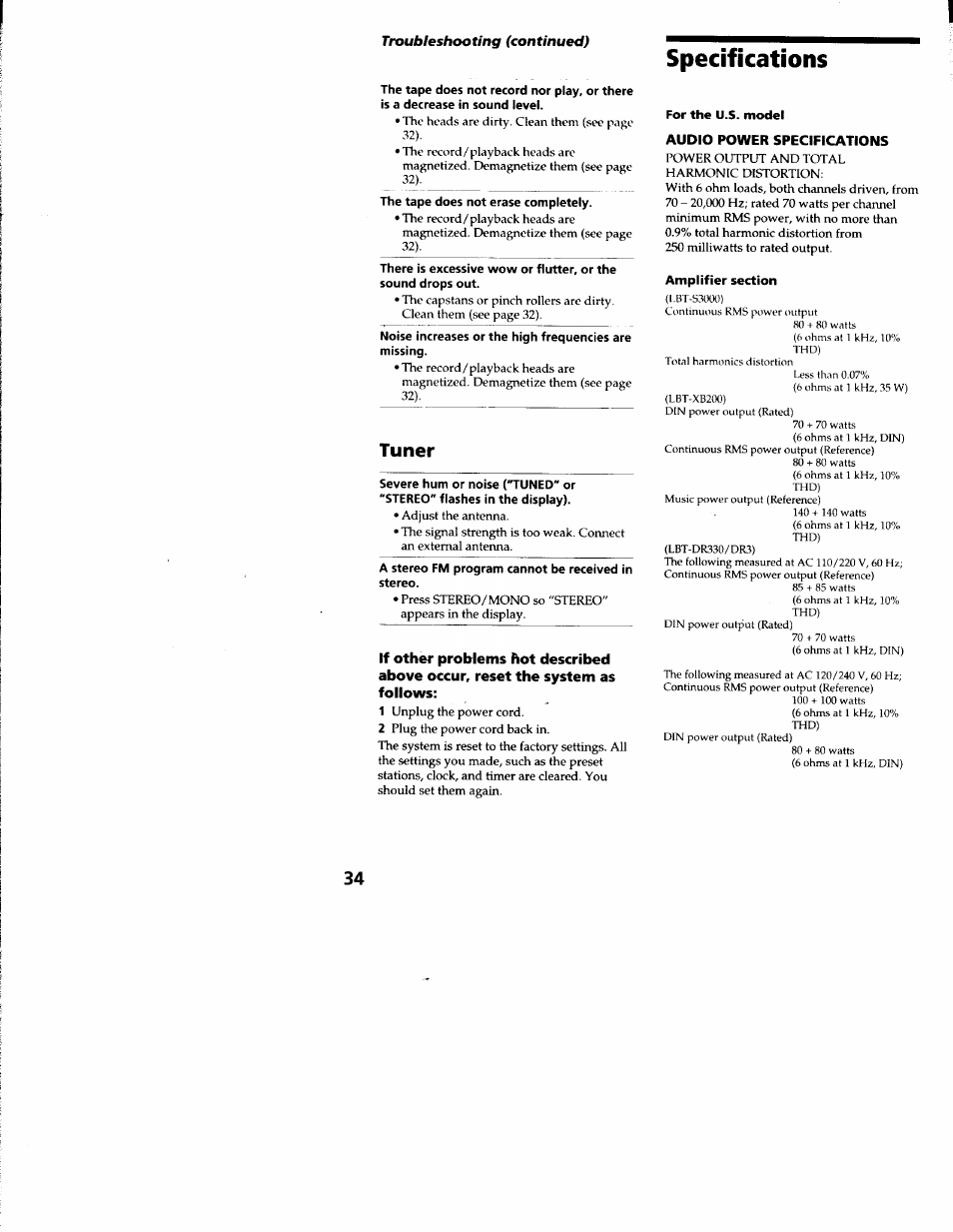 Specifications, Audio power specifications, Tuner | Sony LBT-S3000 User Manual | Page 34 / 36