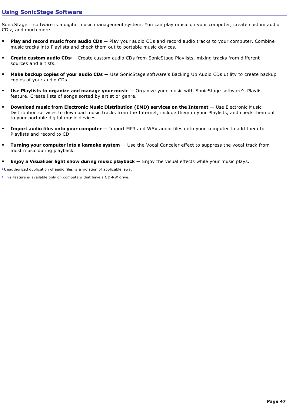 Using sonicstage software | Sony PCV-RS322 User Manual | Page 47 / 161