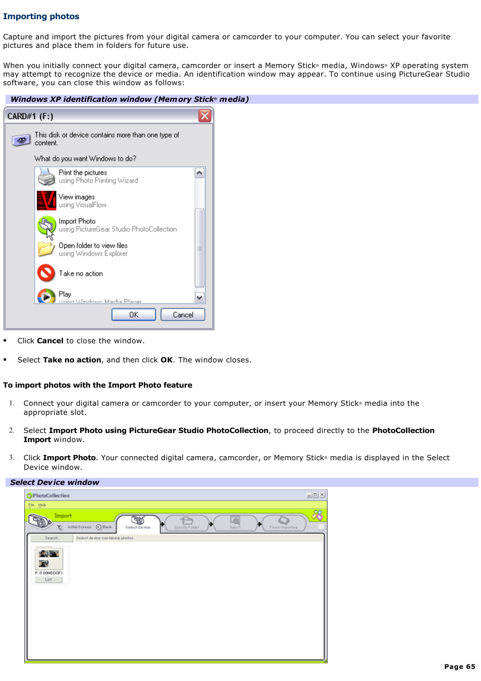 Importing photos | Sony PCV-RS322 User Manual | Page 65 / 161