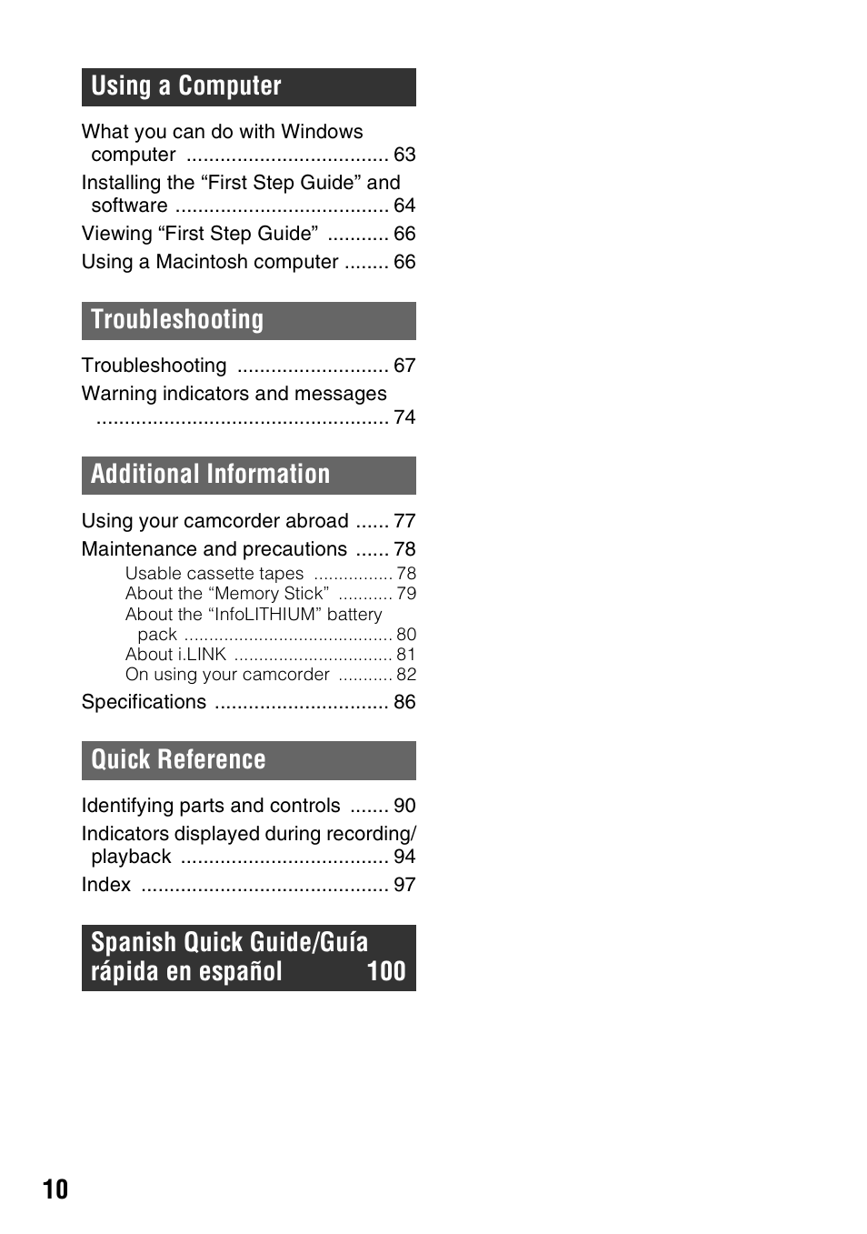 Sony DCR-HC48 User Manual | Page 10 / 116