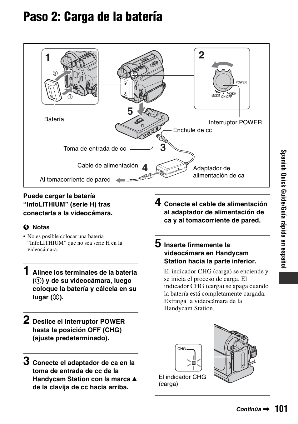 Paso 2: carga de la batería | Sony DCR-HC48 User Manual | Page 101 / 116