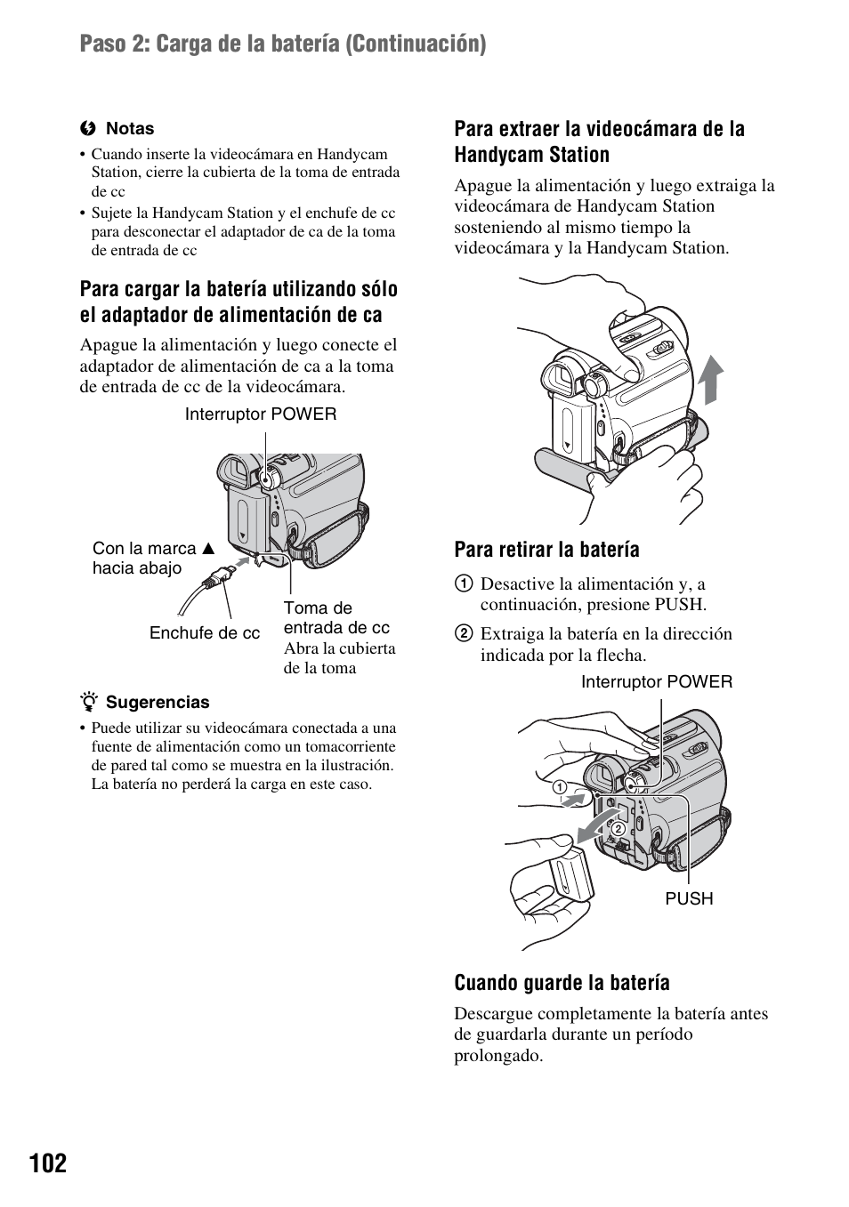 Paso 2: carga de la batería (continuación) | Sony DCR-HC48 User Manual | Page 102 / 116