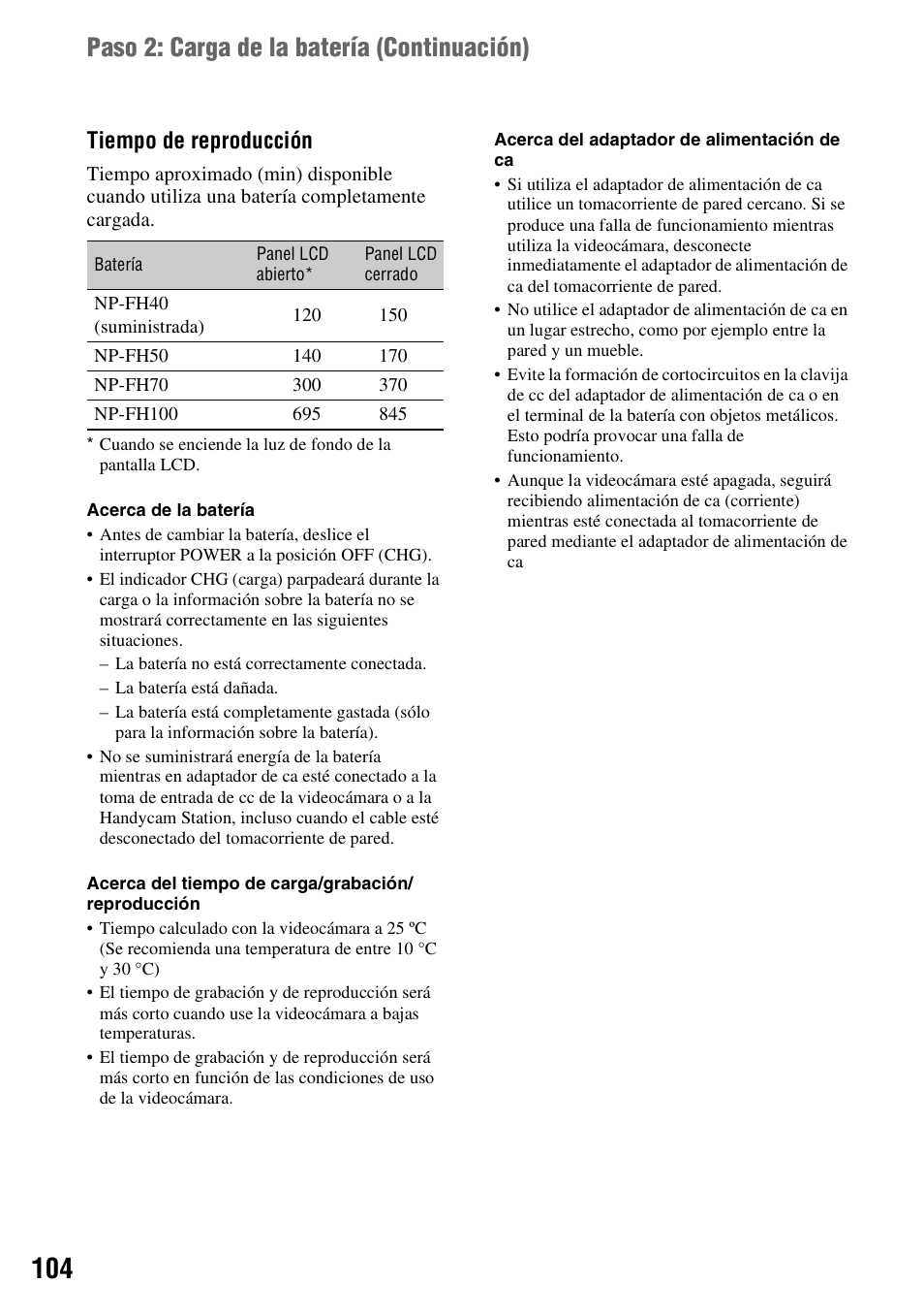 Paso 2: carga de la batería (continuación), Tiempo de reproducción | Sony DCR-HC48 User Manual | Page 104 / 116