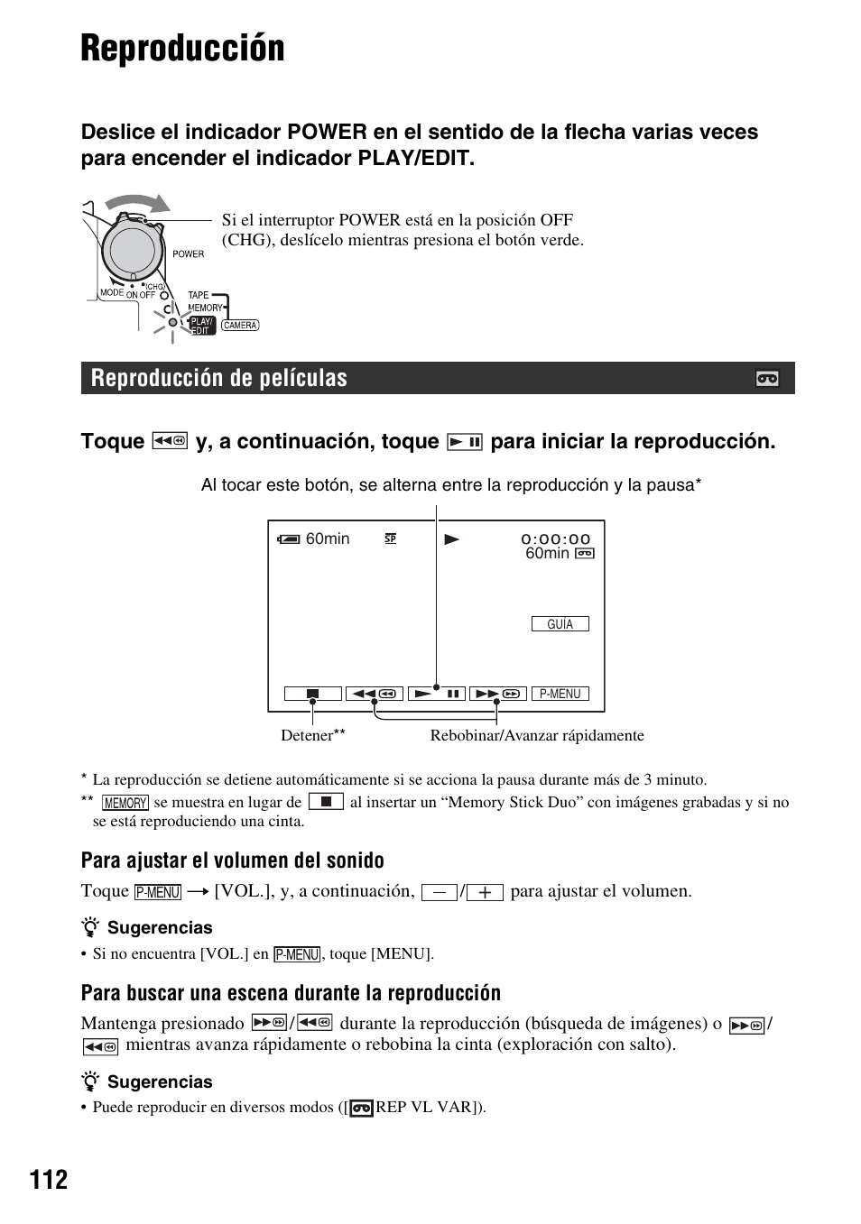 Reproducción, Reproducción de películas | Sony DCR-HC48 User Manual | Page 112 / 116