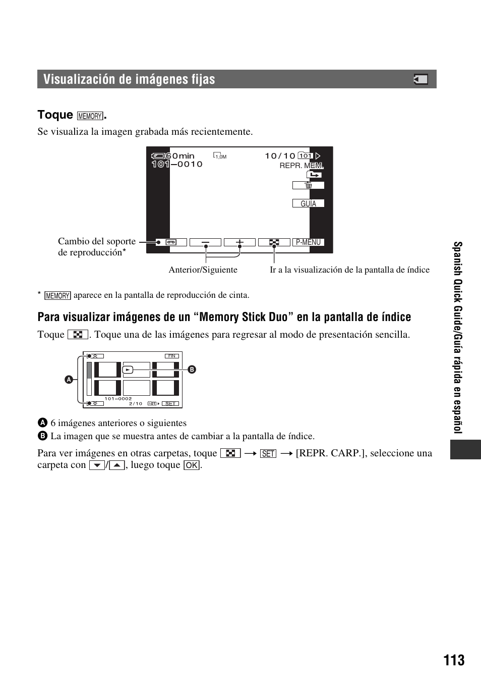 Visualización de imágenes fijas, Toque | Sony DCR-HC48 User Manual | Page 113 / 116